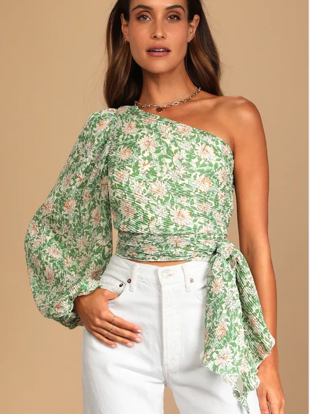 Lulu's Green Floral One-Shoulder Pleated Chiffon Crop Top